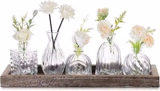 Set elegante di vasi in vetro con base in legno, composto da 5 pezzi, ideale per il soggiorno, l'ufficio e le cerimonie, perfetto come decorazione per la tavola e come regalo di compleanno