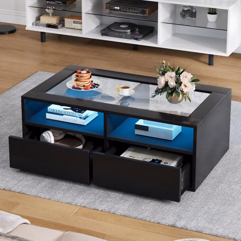 Tavolino Merax con LED e piano in vetro, tavolino da salotto con 2 cassetti, tavolino da divano moderno a due livelli con spazio di archiviazione aperto, nero