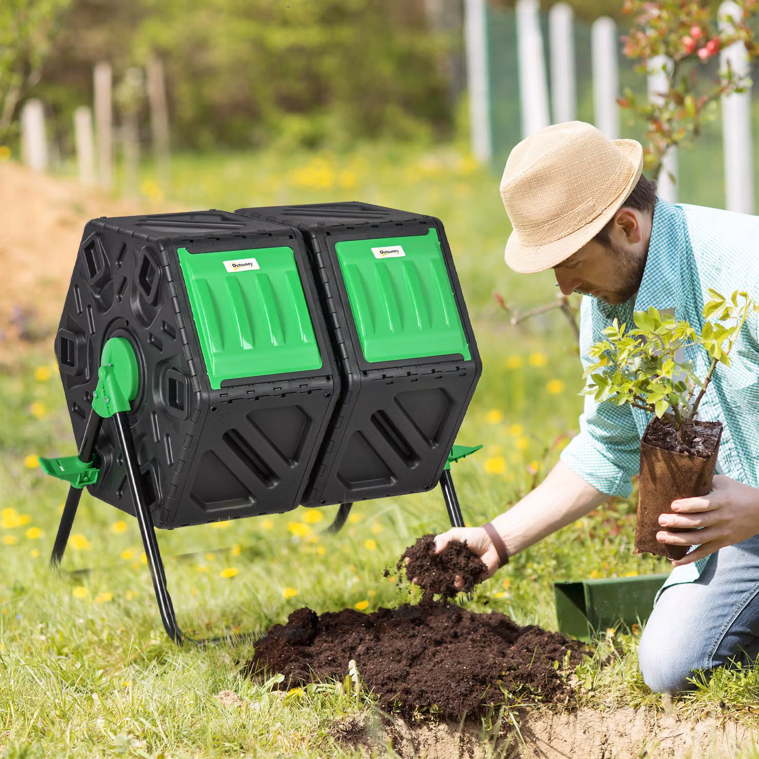 Composteur da giardino rotativo Outsunny a doppia camera da 130 L in acciaio e PP, nero, L 67 cm x P 60 cm x H 77 cm – 2