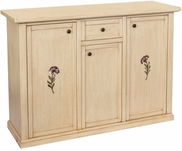 Madia credenza shabby chic con 3 porte e 1 cassetto decori floreali avorio anticato Mobili 2G L: 120 cm, P: 39 cm, H: 85 cm
