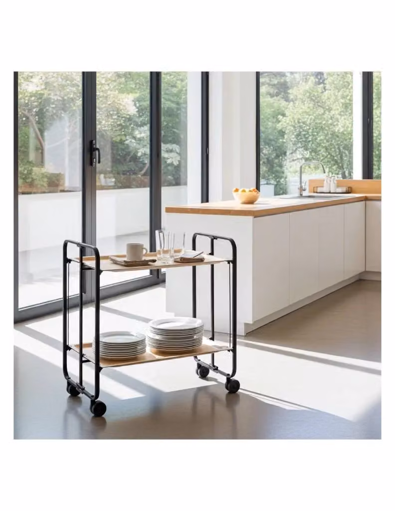 Carrello da cucina pieghevole Don Hierro nero opaco in metallo con 2 ripiani e ruote H: 72 cm, L: 43 cm, P: 66 cm – 2