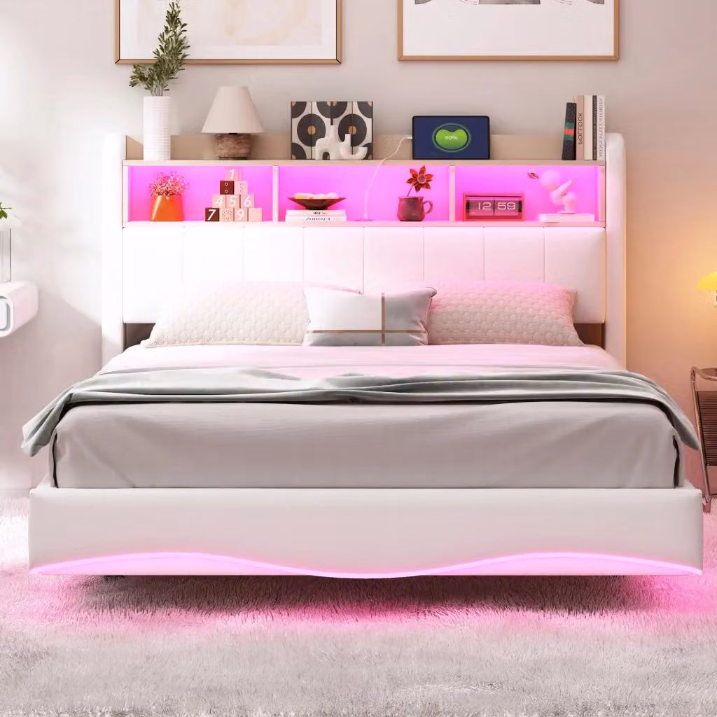 Letto matrimoniale imbottito OKWISH beige con illuminazione LED sottostante, porte USB e Tipo-C e ripiani laterali, L/P/H: 140 x 200 x 110,5 cm – 2