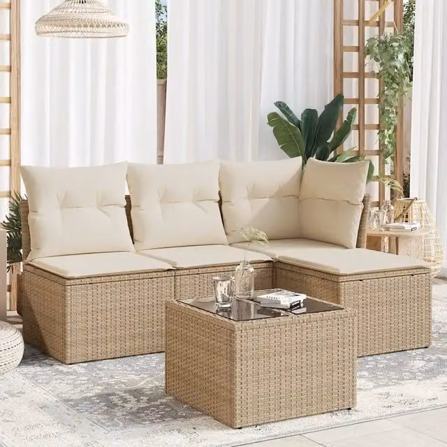 Set Divano da Giardino 5 pz con Cuscini-Sofa da Giardino-Divanetto da esterno Beige in Polyrattan 414020