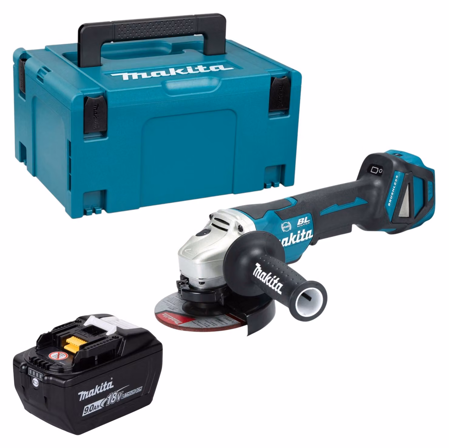 Smerigliatrice angolare a batteria Makita DGA 517 Z 18 V 125 mm Brushless + 1x batteria 9,0 Ah + Makpac - senza caricabatterie