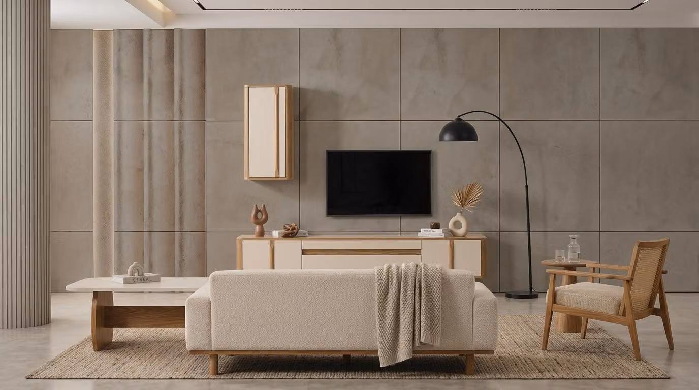 Libreria/armadio per soggiorno, stile moderno, colori beige e marrone