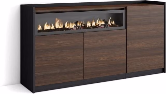 Credenza, Mobile, Cucina, 156x80x37 cm, 3 Porte, Camino elettrico, Rovere scuro e Nero