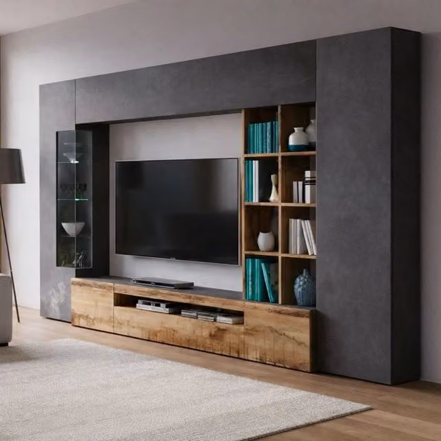 Parete attrezzata Andy DMORA con mobile porta TV e luce LED blu, colore Ardesia e Acero, L: 290 cm, P: 40 cm, H: 192 cm – 1