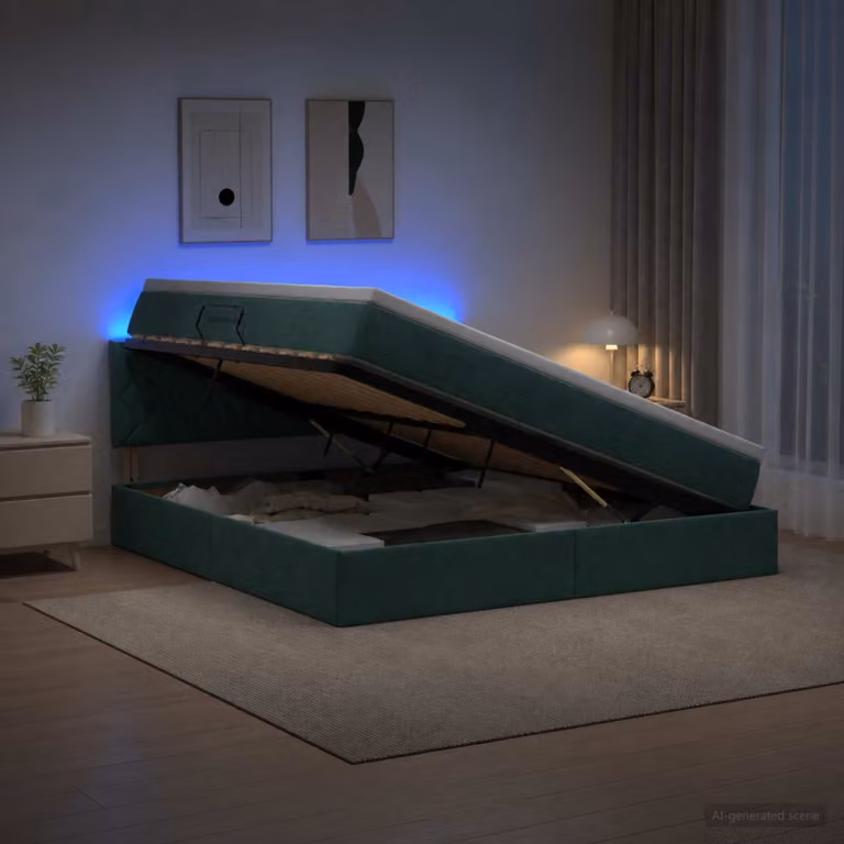 Letto con contenitore e illuminazione LED vidaXL in velluto verde scuro con materasso, L/P/H: 180 x 200 x 204 cm