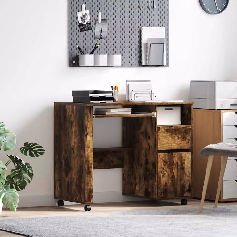 Scrivania da ufficio moderna vidaXL in legno ingegnerizzato color rovere marrone con ruote L: 120 cm, P: 60 cm, H: 75 cm