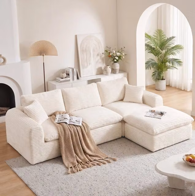 Divano modulare 3 in 1 in velluto a coste beige 280×180×65 cm