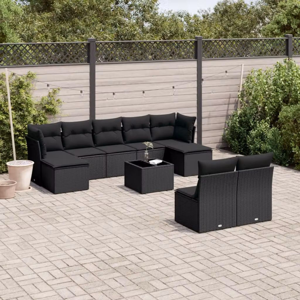 Set di divani da giardino vidaXL in polyrattan nero con cuscini e tavolino da esterno a forma di U – 1
