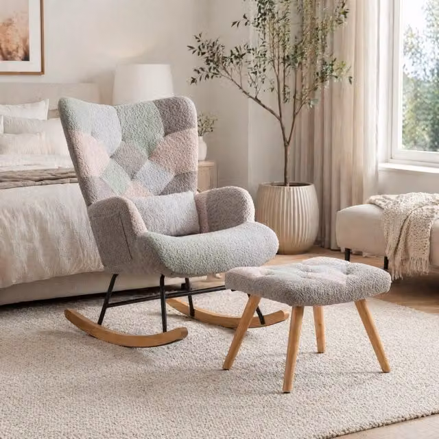 Sedia a dondolo ULEVR 93 cm con poggiapiedi, cuscino lombare e tasca laterale, multicolore