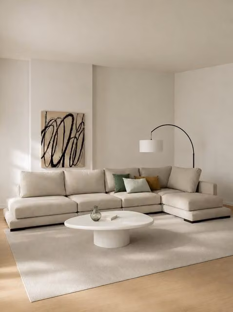 Divano componibile Travis Kenay Home con chaise longue a destra, 6 posti, colore perla, L: 379 cm
