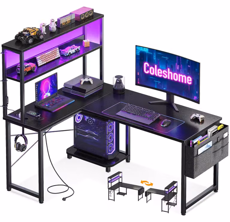 Scrivania da gaming a forma di L con illuminazione LED, 110x80 cm, colore nero