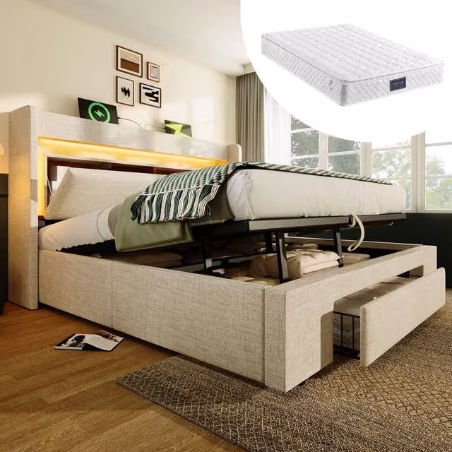 Letto Imbottito Contenitore 140x200 con LED, USB, Testiera e Materasso ¨C MINIMAL ¨C Beige, Lino, Idraulico