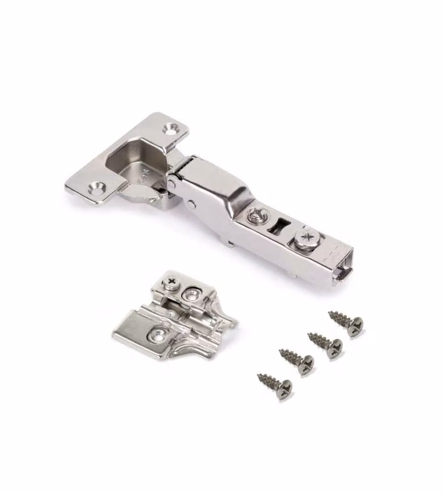 Emuca Kit cerniera mezzo collo X92 con chiusura ammortizzata e basetta, Basetta a vite, Nichelato, Acciaio.