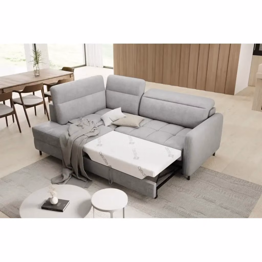 Divano letto angolare sinistro BARNEA MEUBLORAMA grigio con contenitore e poggiatesta regolabile L: 208 cm, P: 160 cm, H: 100 cm – 2