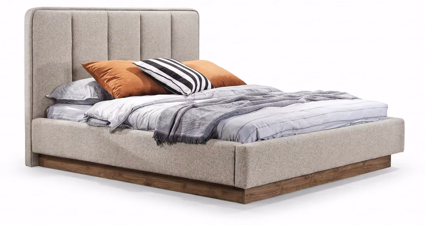 Letto matrimoniale moderno, beige, imbottito, elegante, ideale per una camera da letto confortevole