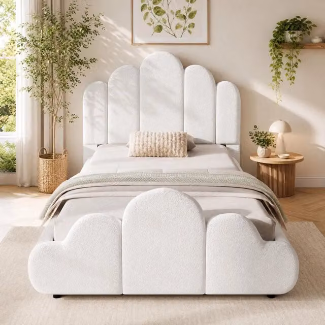 Letto imbottito per bambini 90 x 200 cm; rete a doghe; bouclé beige; angoli arrotondati