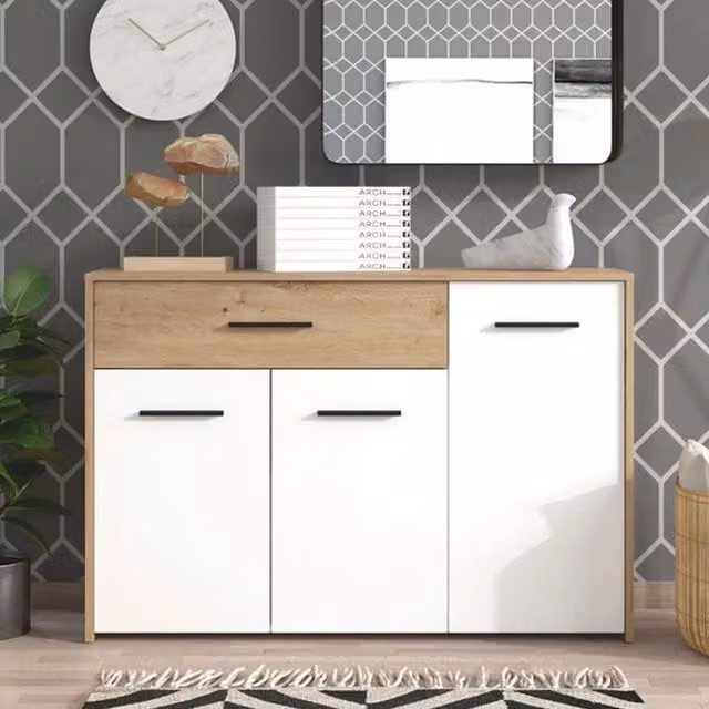 Madia Sanza DMORA, Credenza con un Cassetto per Soggiorno e Cucina, Bianco e Marrone, L: 119 cm, P: 33 cm, H: 80.5 cm