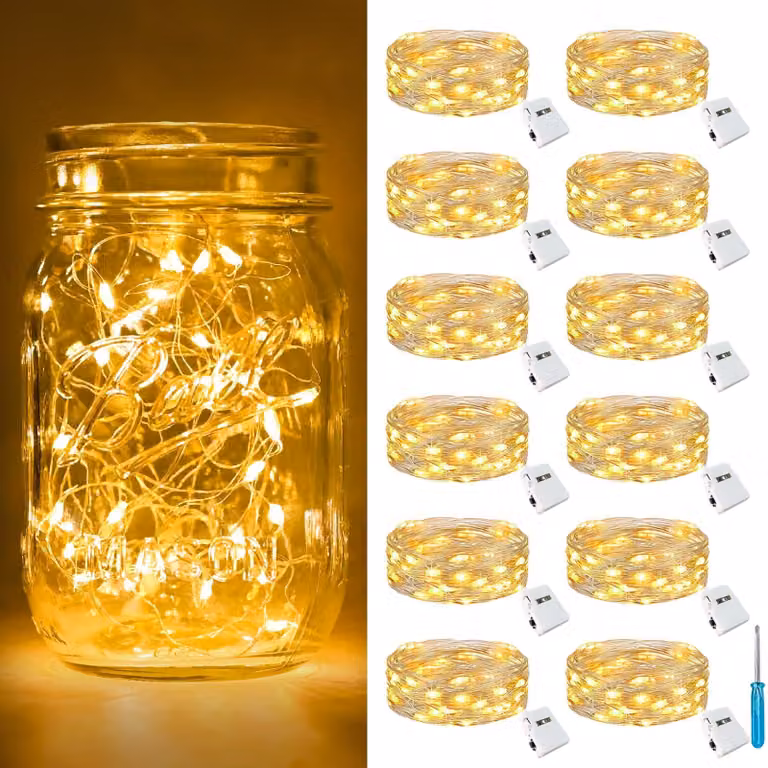 Catena luminosa a LED, set da 12, lunghezza 2 metri, 20 LED, luce bianco caldo, 3 modalità