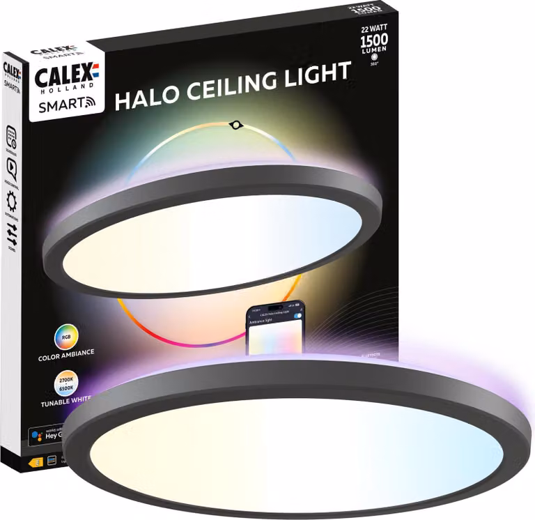 Lampada da soffitto intelligente Calex Halo, 30 cm, RGB/bianco caldo, Wi-Fi, dimmerabile, nera