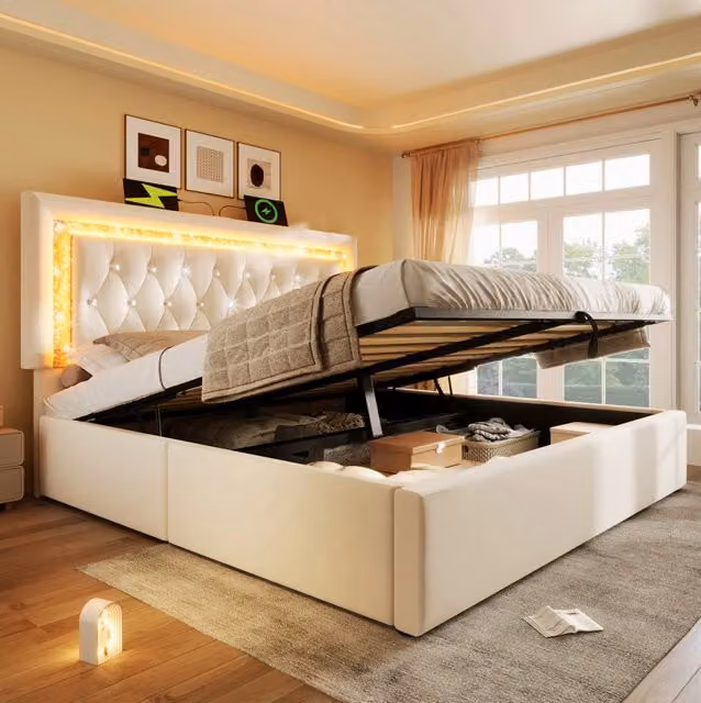 Letto matrimoniale MODFU in velluto beige con contenitore idraulico, illuminazione LED e porte USB/USB-C, L/P: 160 x 200 cm – 1