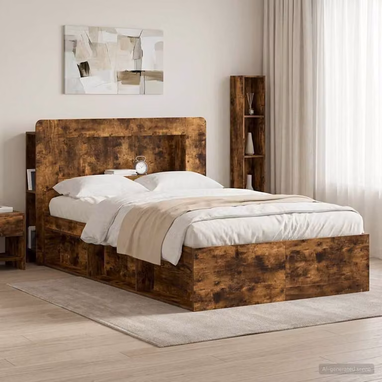 Testata del letto moderna vidaXL in legno ingegnerizzato Rovere Fumo con ripiani integrati, L: 135,0 cm, H: 100,0 cm, P: 20,13 cm
