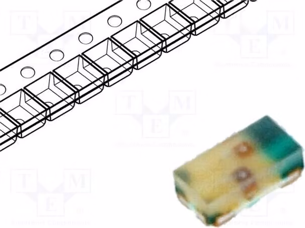 2 LED a montaggio superficiale (SMD) rosso/verde, 0603, angolo di visione 120°, dimensioni 1,6x0,8x0,5 mm, tensione di funzionamento 1,95÷2,6/2,2÷2,6 V, codice prodotto F-C165. Diodi LED
