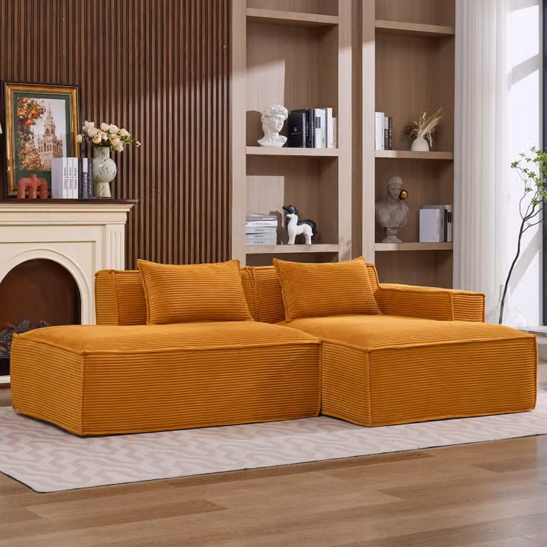 Divano componibile LVHOM in tessuto corduroy, 233 cm, divano lounge a 2 posti a filo pavimento con chaise longue, divano di facile manutenzione per il soggiorno, da montare, giallo