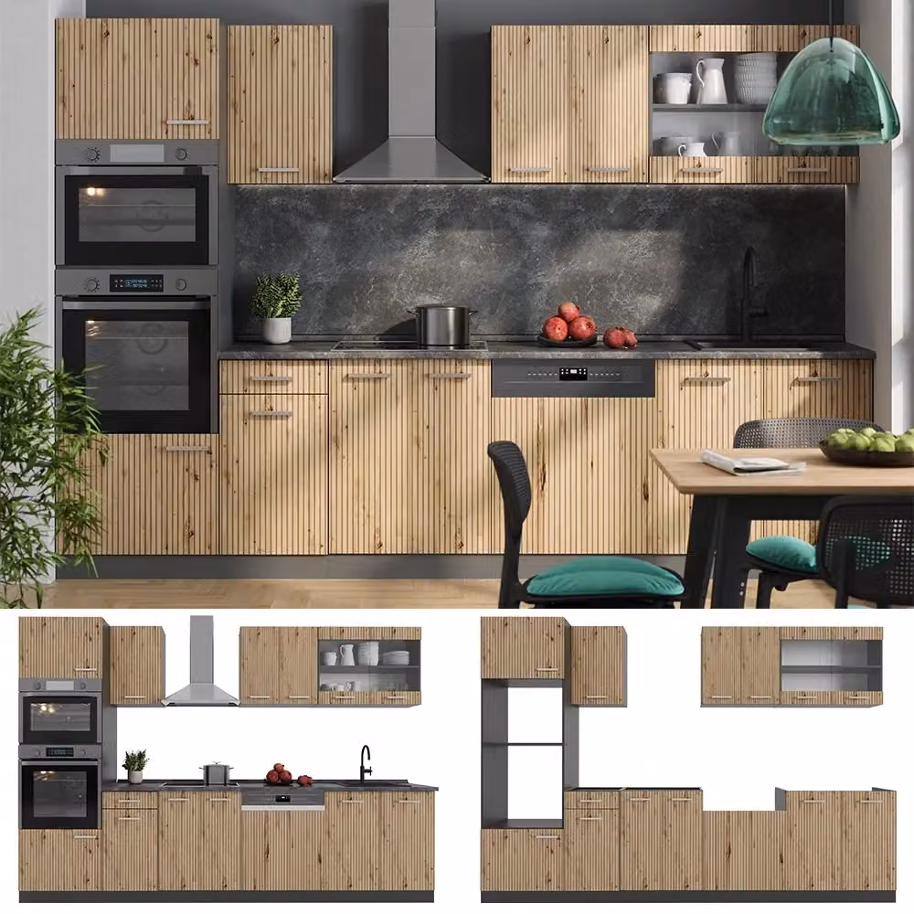 Cucina componibile moderna Vicco R-Line in Rovere e Antracite con armadio alto, L: 300 cm – 2