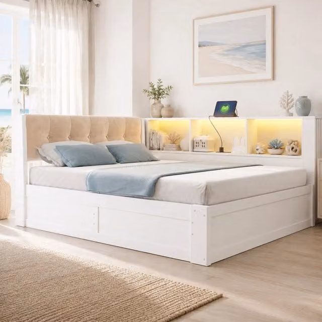 Letto 140x200 cm con contenitore laterale idraulico; LED dimmerabile; USB e mensola; bianco