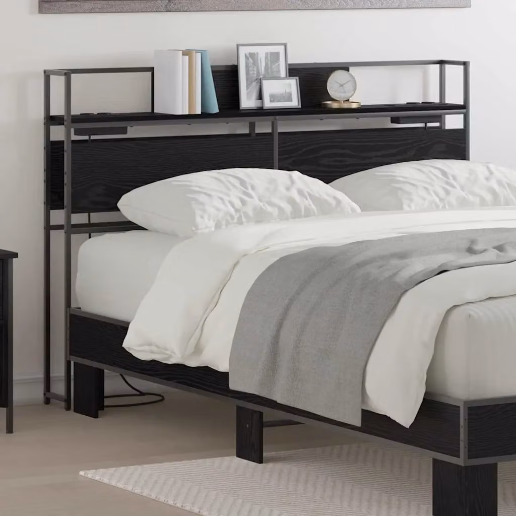 Testata letto con contenitore vidaXL in legno ingegnerizzato e metallo, colore nero opaco, con ripiano integrato e porta di ricarica USB, L: 140,0 cm, H: 98,0 cm, P: 15,0 cm