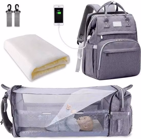 Zaino per il cambio del neonato pieghevole con grande capacità, borsa da viaggio portatile grigia