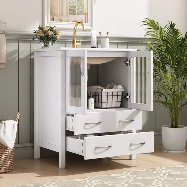 Mobile sottolavabo freestanding moderno con lavabo in ceramica, cassetti e ante in vetro rigato bianco, L: 61 cm, P: 47 cm, H: 86 cm