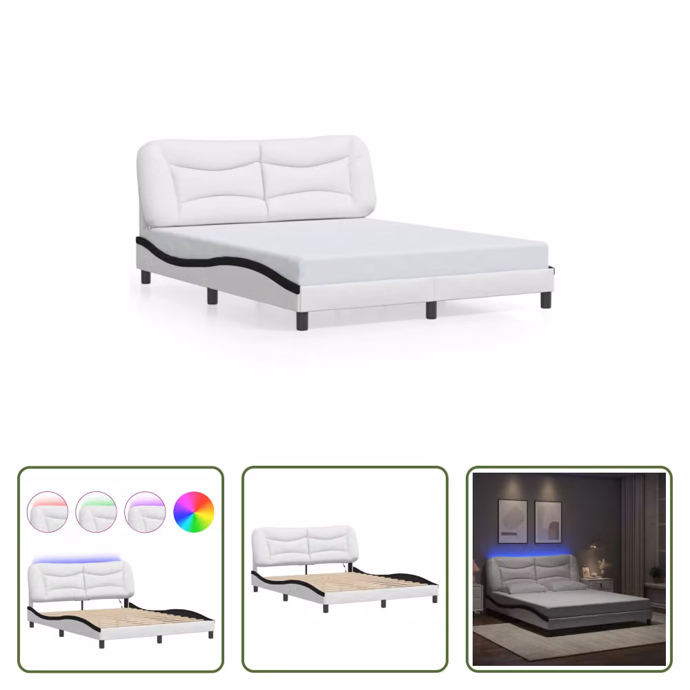 The Living Store Struttura letto con LED bianco e nero 160x200 cm in ecopelle