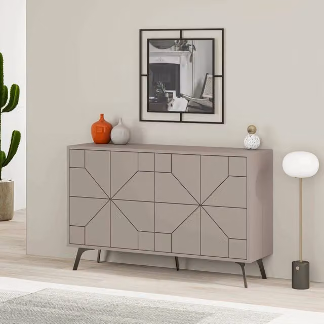 Madia Earl DMORA, Credenza moderna con design geometrico beige, L: 123 cm, P: 35 cm, H: 62 cm