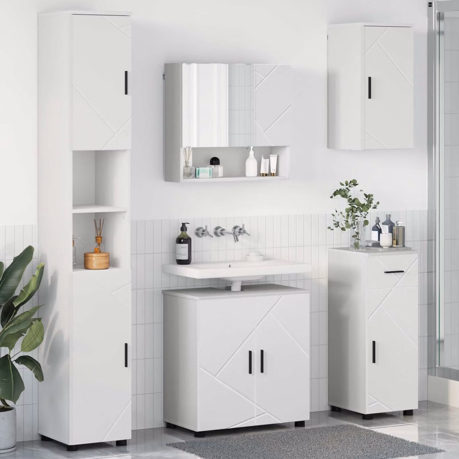 Set di mobili per il bagno moderno vidaXL composto da mobile lavabo, armadietto con specchio e colonna, Bianco o Nero, L/P/H: 61 x 35 x 64 cm