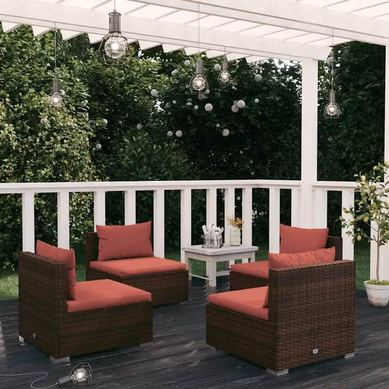 Set di divani da giardino vidaXL composto da 4 pezzi con cuscini imbottiti in rattan e struttura in metallo marrone e rosso