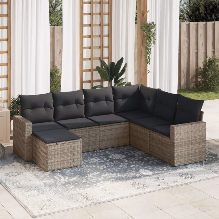 Set di divani da giardino vidaXL 7 pz in rattan con cuscini grigi e struttura in acciaio