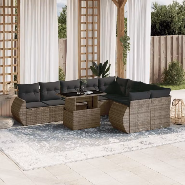 Set Divano da Giardino vidaXL 10 pz a Forma a L in Polyrattan Grigio con Cuscini e Tavolino