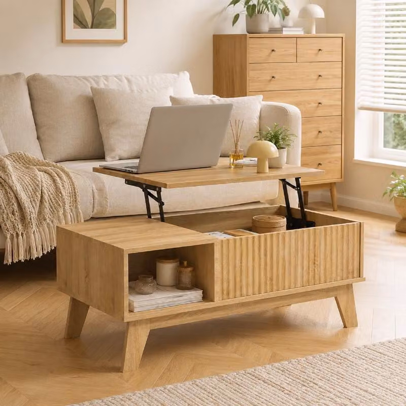 ProximaX: Tavolino da divano regolabile in altezza, 95 cm, effetto legno di quercia, con spazio contenitivo