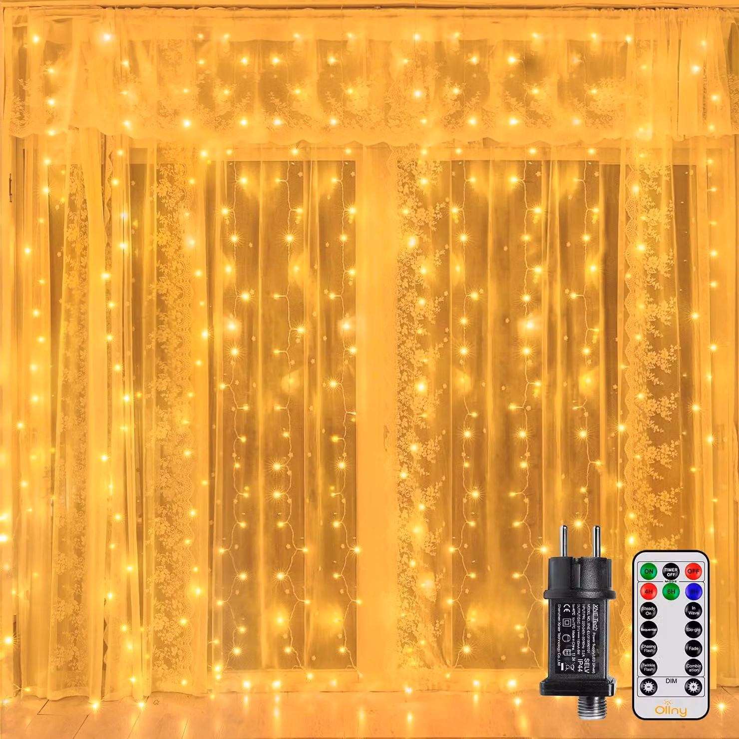 Tenda luminosa a LED, dimensioni 2x2 metri, 200 LED bianco caldo, 8 modalità, timer, dimmerabile, grado di protezione IP44