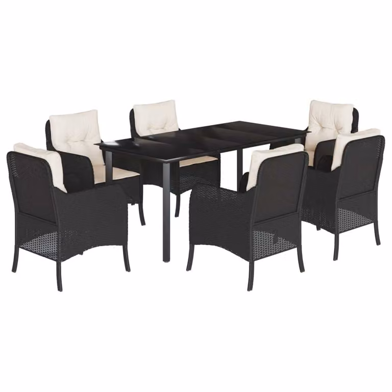 Set da Pranzo da Giardino 7 pz Nero con Cuscini in Polyrattan