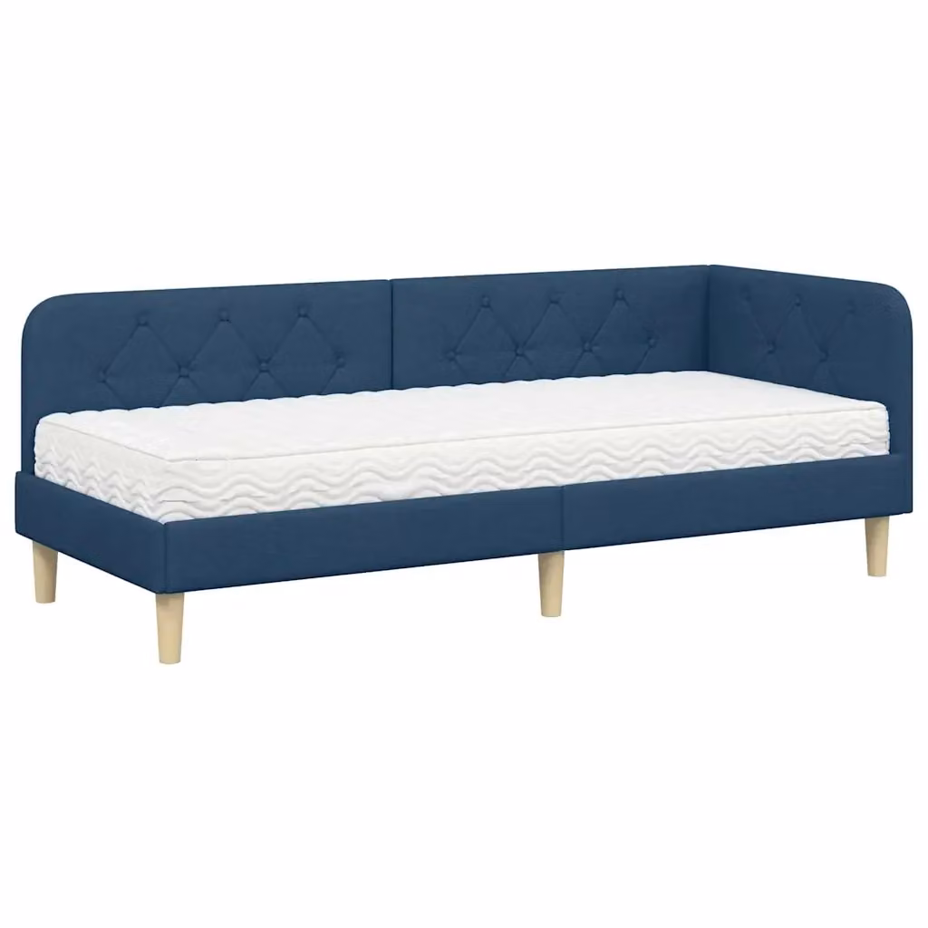 Cornice del letto ad angolo vidaXL in tessuto blu con struttura in legno e doghe, L 80 x P 200 cm – 2