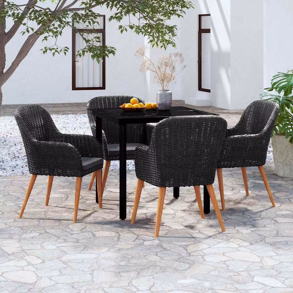Set da pranzo da giardino vidaXL in rattan e legno di acacia con cuscini, tavolo quadrato in vetro e 5 sedie, nero e grigio