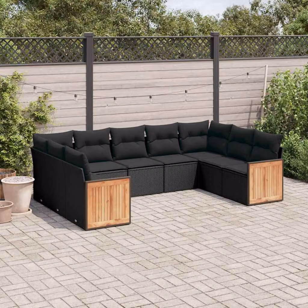 vidaXL Set Divani da Giardino a L 9 pz in Polyrattan Nero con Cuscini Imbottiti e Rivestimenti Rimovibili – 1