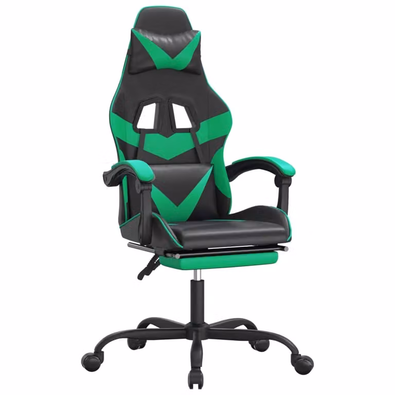 Sedia da Gaming con Poggiapiedi Nero e Verde in Pelle finta
