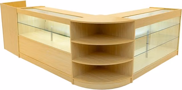 Set di Banconi Theia in Acero con LED, Vetrina e Serratura, Colore Marrone e Beige, L/P/H: 150 x 60 x 90 cm