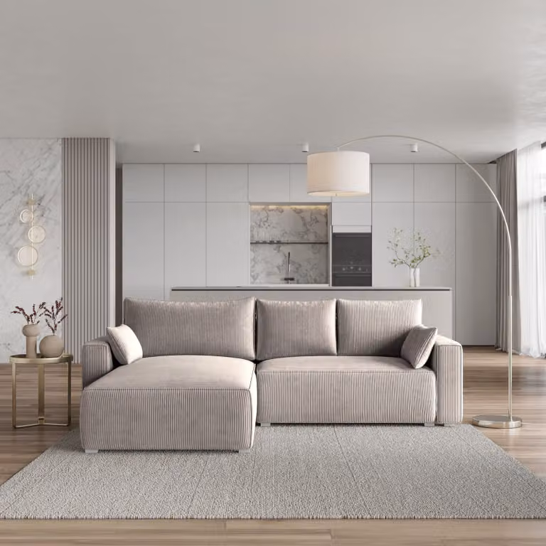 Divano angolare Masseno FORIL P con funzione letto a L, divano con box letto, divano da salotto, divano, divano, divano letto, set di divani - beige, POSO 02